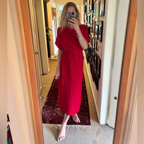 Zara Bright Red Midi Belted Side Zip Slit Short Sleeve Minimalist Slouch Dress - Picture 3 of 17